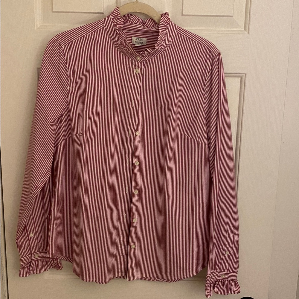 J. Crew Women’s Red( burgundy) and White Striped Button Down Shirt Size large